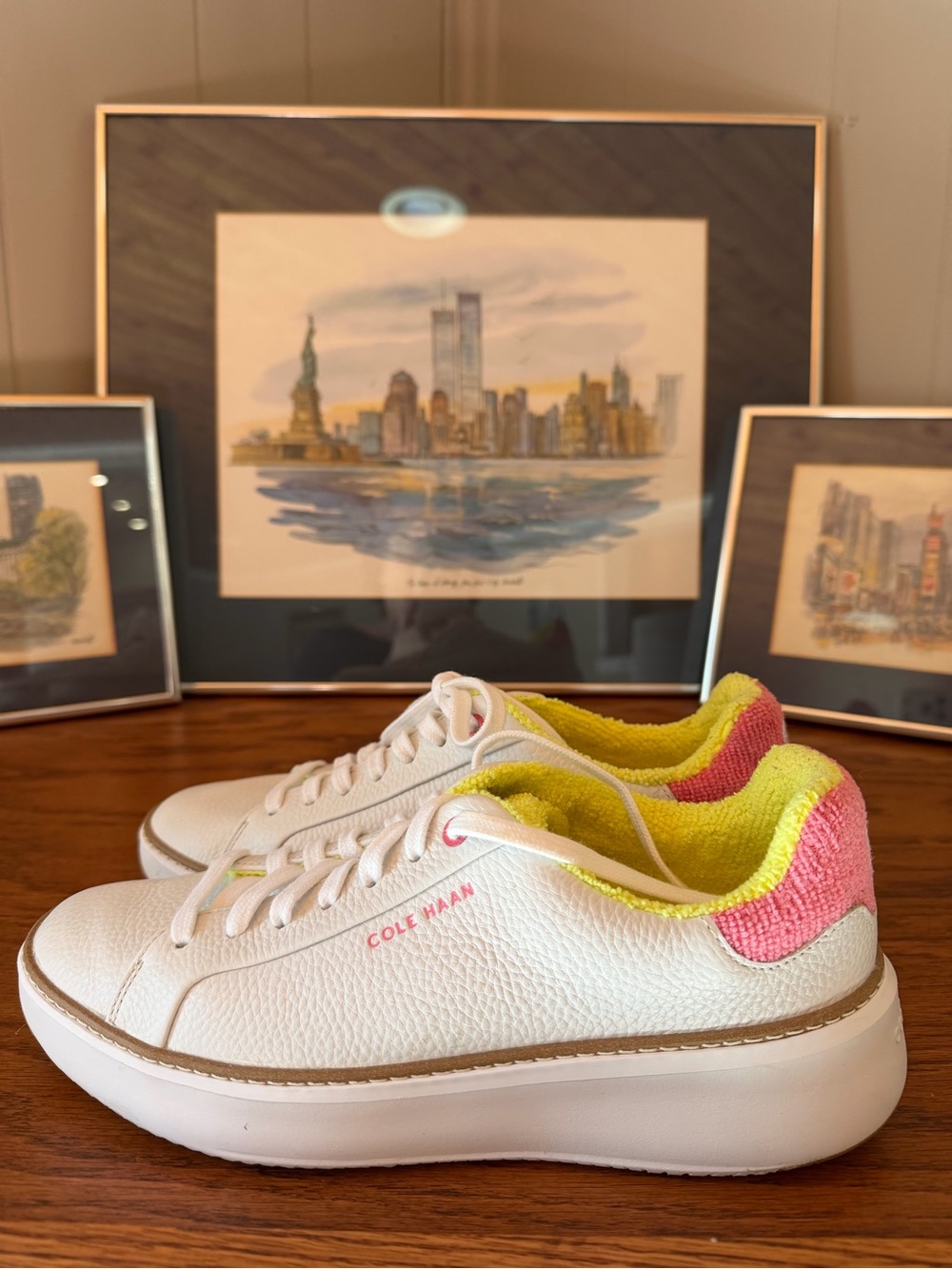 Cole Haan Womenâs White Sneakers with Pink & Yellow Trim